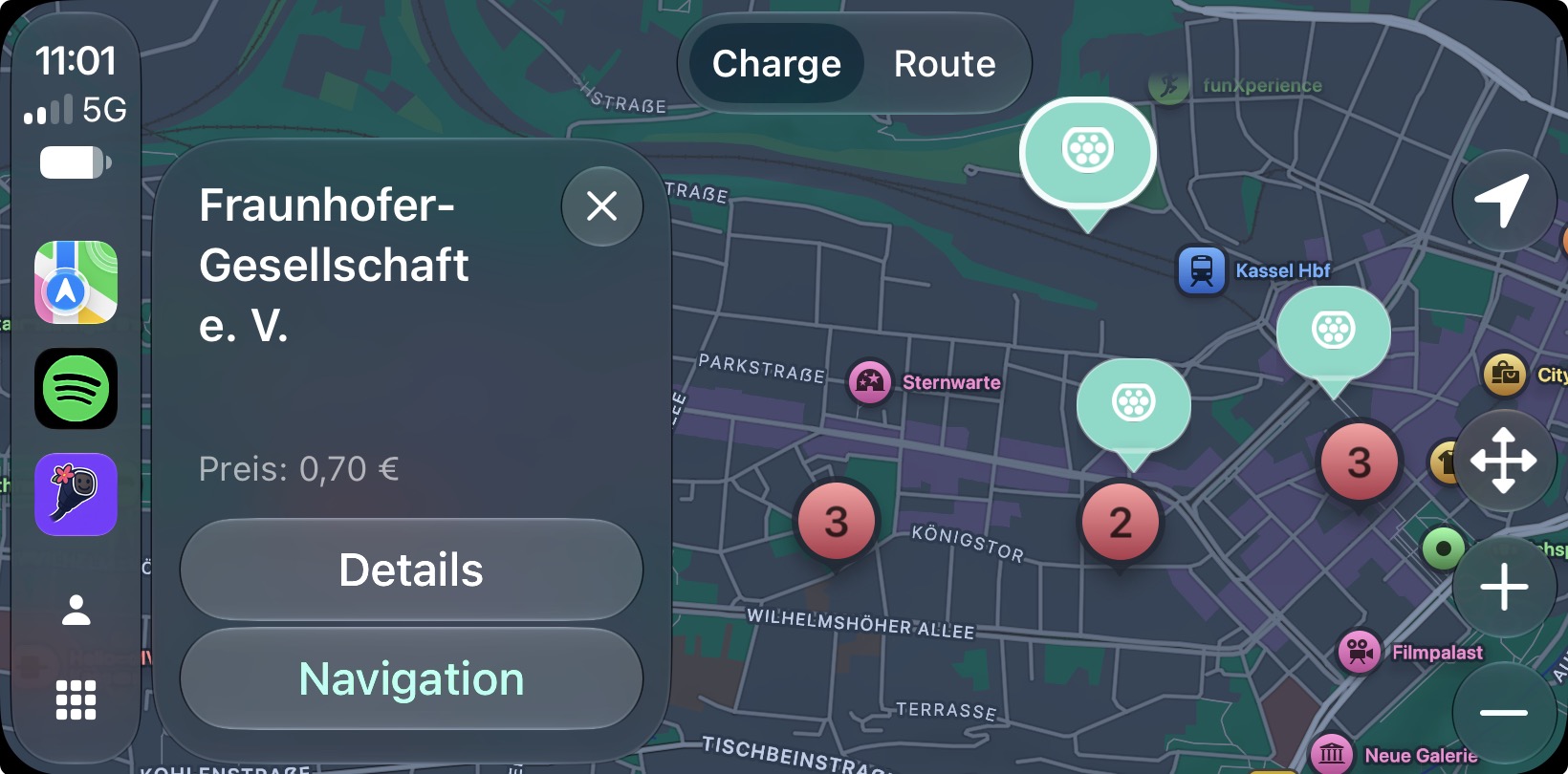 Selected Fraunhofer charging station with Details and Navigation actions