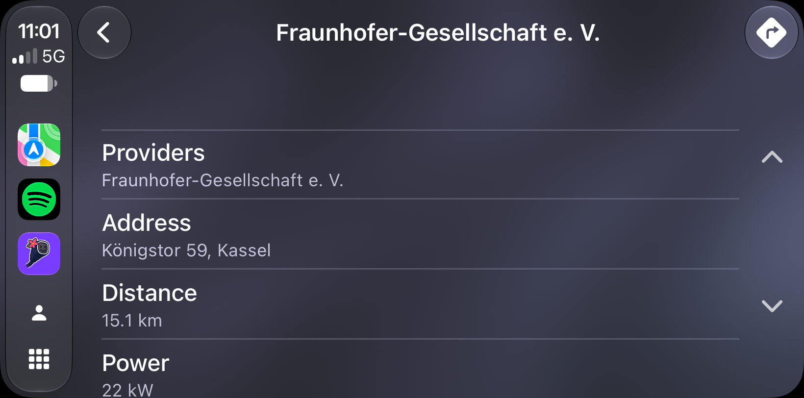 Fraunhofer station details showing the provider, address, distance, and charging power