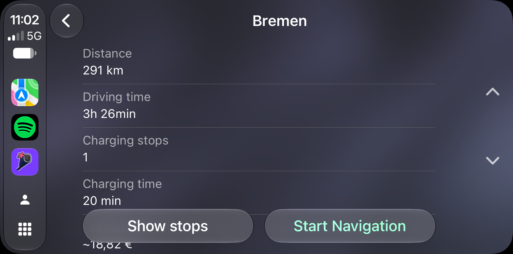 Trip summary to Bremen showing 291 kilometres, one charging stop, and Show stops and Start Navigation actions