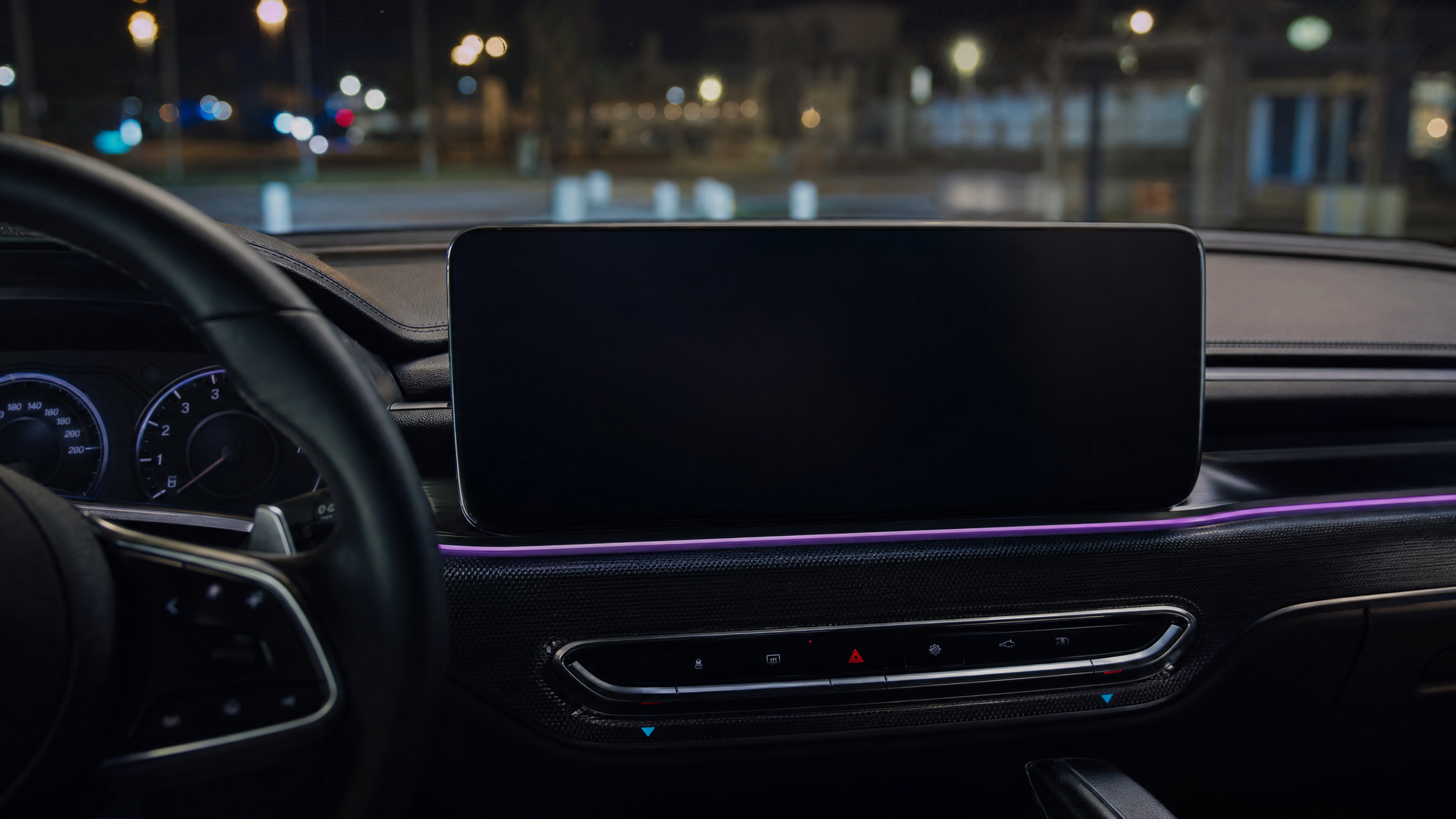 Illustrated car interior framing the real app screenshots