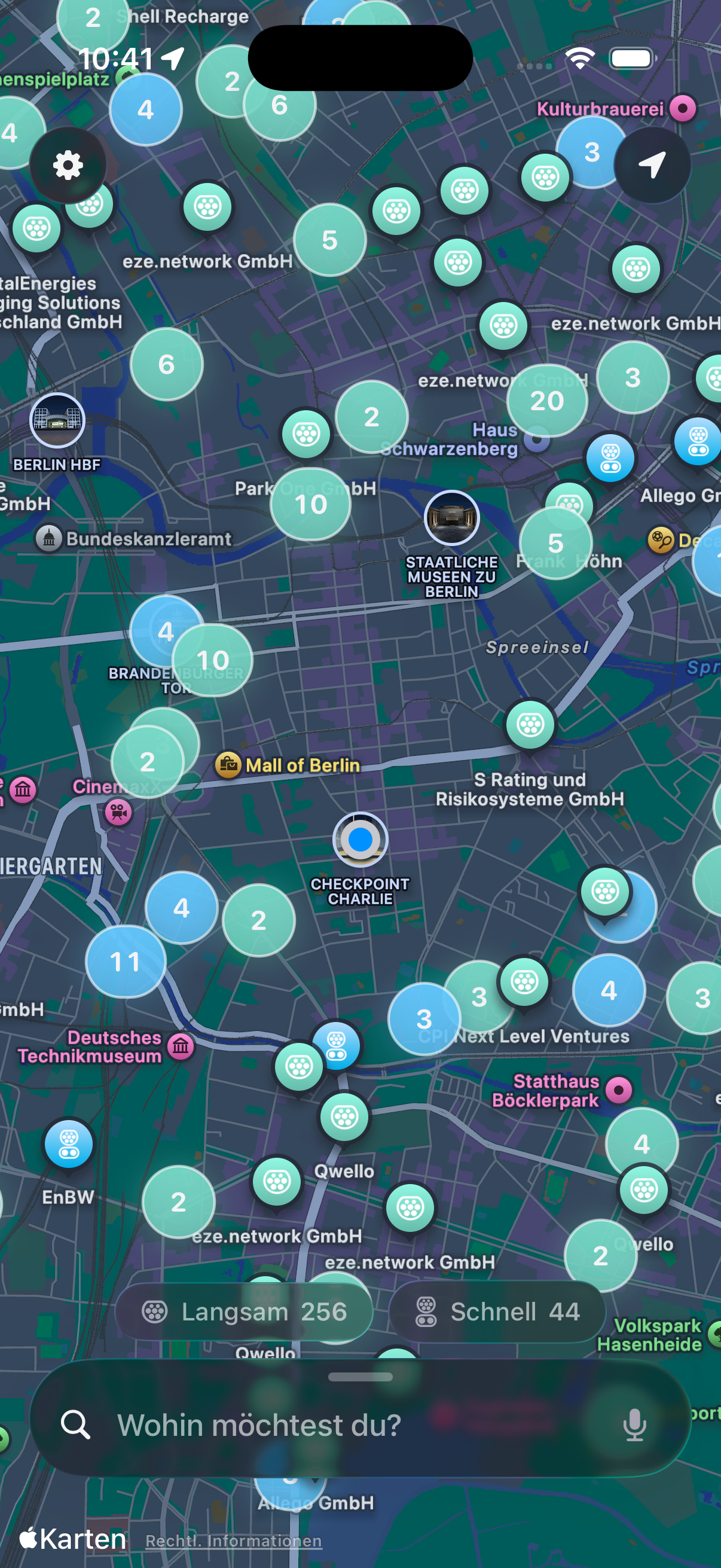 Actual Charge a Smile iPhone screenshot showing charging stations on a map of Berlin